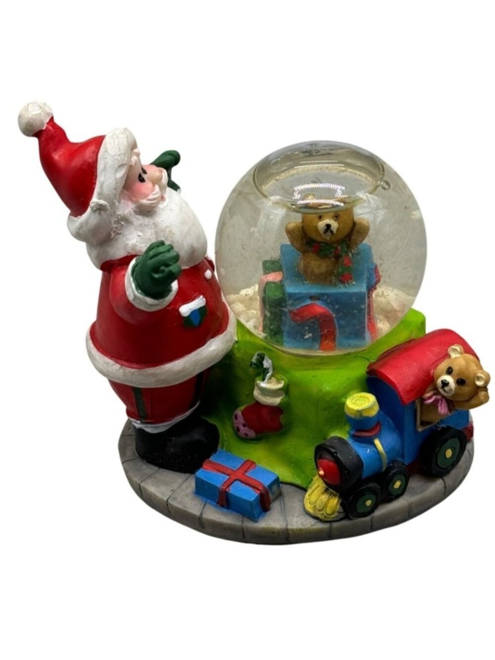 Christmas Santa snow globe train bear present red green 3.5x2.5x4" READ